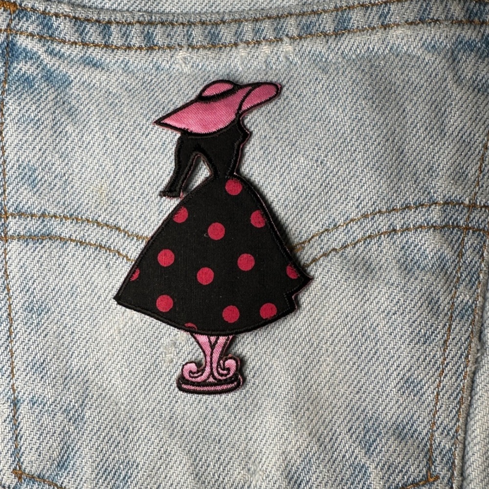 Black Polka Dot Dress Iron On‎ Patch 50s Style Applique Embroidered DIY Craft